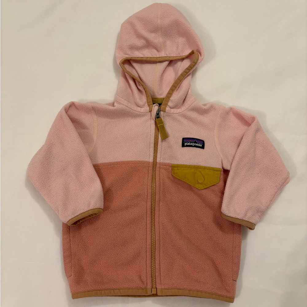 Patagonia baby micro D snap-T fleece jacket pink and yellow 6-12m baby girl